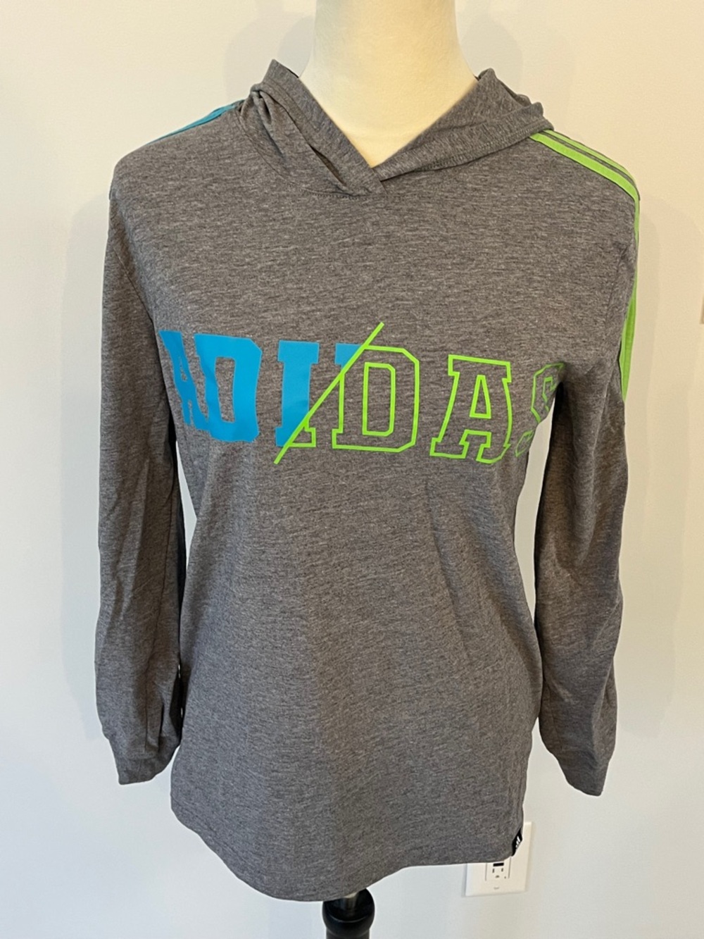 adidas Gray Hoodie with Neon Blue & Neon Green Logo Accents